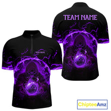 Load image into Gallery viewer, Mens bowling polo, 1/4 zip shirts Custom purple flame skull bowling team jerseys, gift for Bowlers NQS10057