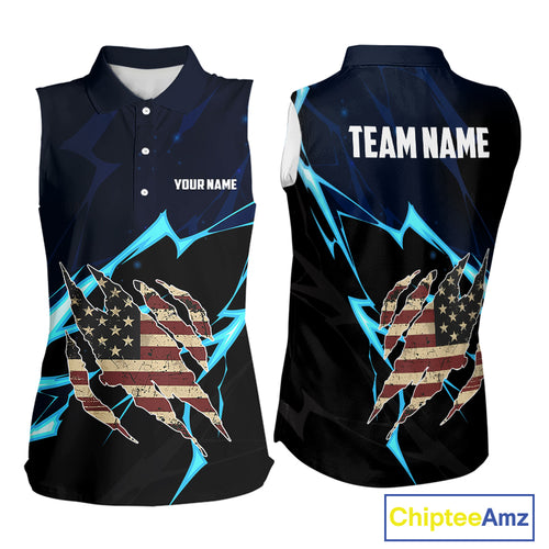 Vintage American Flag blue lightning Women Sleeveless polos Custom patriotic Golf outfit For ladies NQS10059