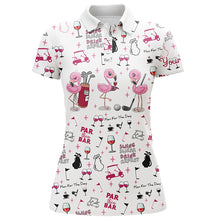 Load image into Gallery viewer, Funny womens golf polo shirt pink white black golf wine background custom name Flamingo golf friends NQS6065