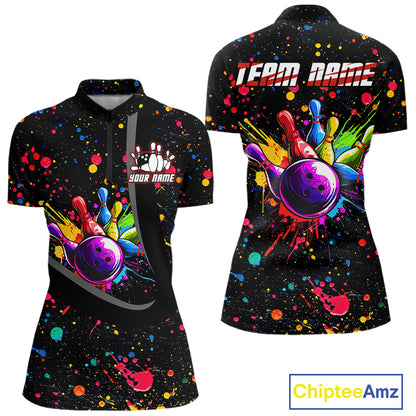 Colorful bowling jerseys Bowling Polo, 1/4 Zip Shirt for Women Custom Bowling Team shirts for bowlers NQS10363