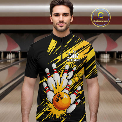 Black and Yellow Bowling Polo, 1/4 Zip Shirt for Men Custom Bowling Team shirts for bowlers NQS10365