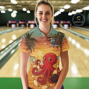 Funny Octopus Bowling Polo, Quarter Zip shirts for Women Custom Octopus Team bowling jersey NQS10587