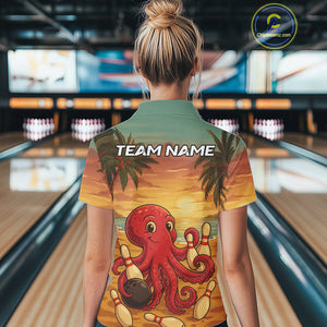 Funny Octopus Bowling Polo, Quarter Zip shirts for Women Custom Octopus Team bowling jersey NQS10587
