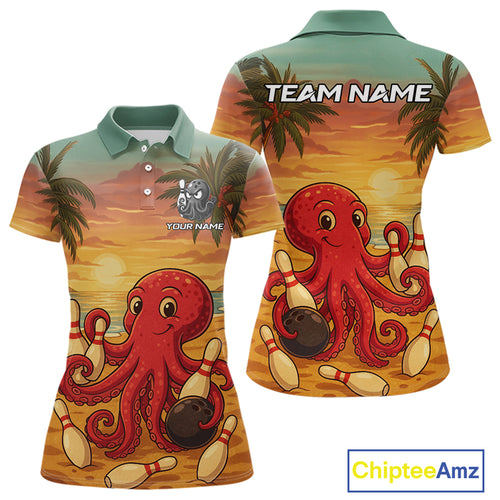 Funny Octopus Bowling Polo, Quarter Zip shirts for Women Custom Octopus Team bowling jersey NQS10587
