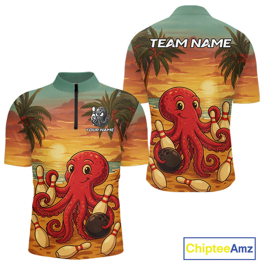 Funny Octopus Bowling Polo, Quarter Zip shirts for Men Custom Octopus Team bowling jersey NQS10587