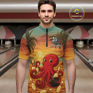 Funny Octopus Bowling Polo, Quarter Zip shirts for Men Custom Octopus Team bowling jersey NQS10587
