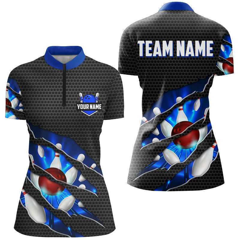 Black and Blue Scratch Bowling Polo, Quarter Zip Shirt For Women Custom name Team Bowling Jerseys NQS8616