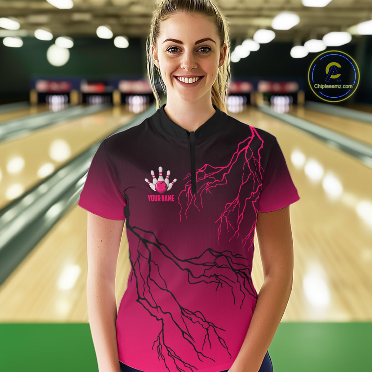 Black and Pink gradient Lightning thunder storm Bowling shirts for Women Custom Bowling Team Jerseys NQS11170