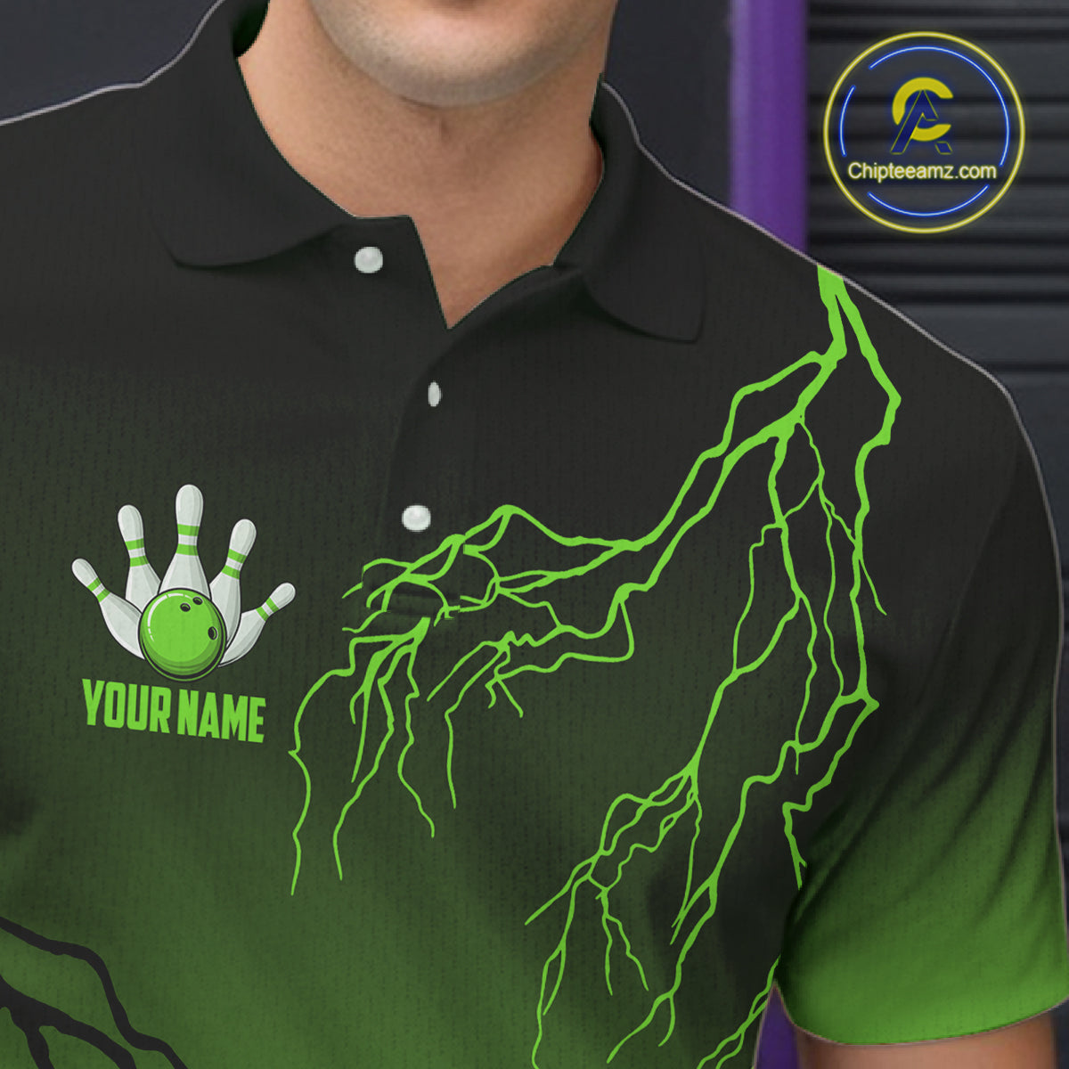 Black and Green gradient storm Lightning thunder Bowling shirts for Men Custom Bowling Team Jerseys NQS11171