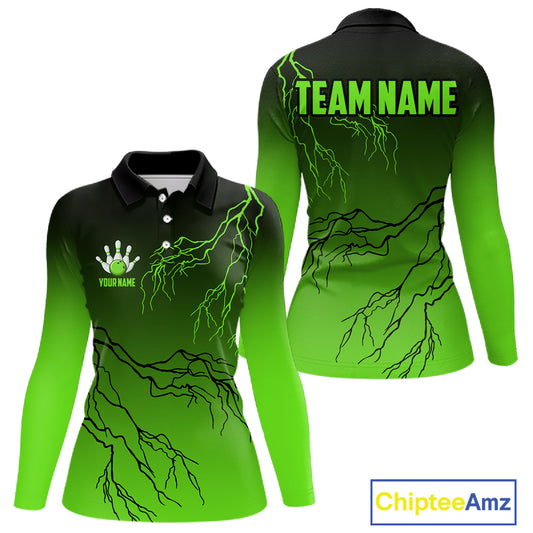 Black and Green gradient storm Lightning thunder Bowling shirts for Women Custom Bowling Team Jerseys NQS11171