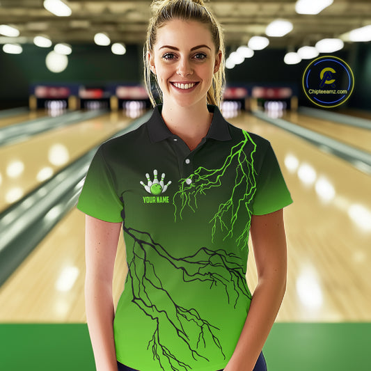 Black and Green gradient storm Lightning thunder Bowling shirts for Women Custom Bowling Team Jerseys NQS11171