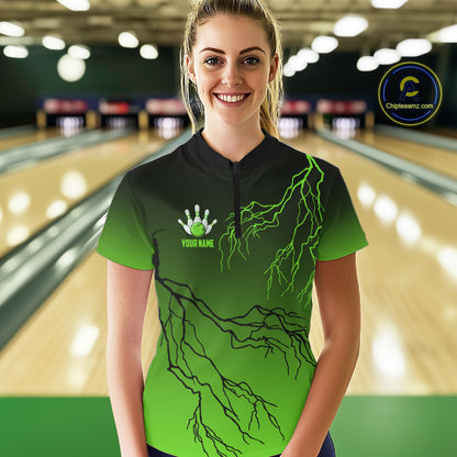 Black and Green gradient storm Lightning thunder Bowling shirts for Women Custom Bowling Team Jerseys NQS11171