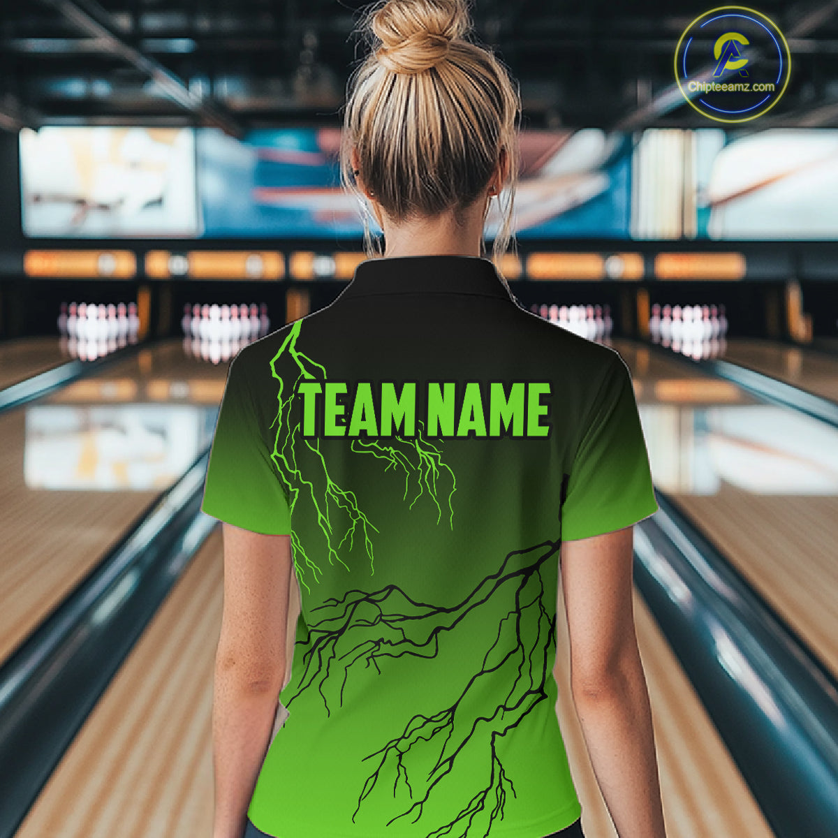 Black and Green gradient storm Lightning thunder Bowling shirts for Women Custom Bowling Team Jerseys NQS11171