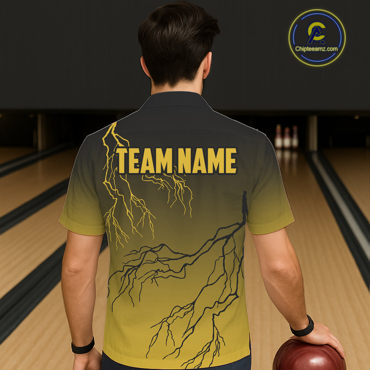 Black and Yellow gradient storm Lightning thunder Bowling Hawaiian shirt Custom Bowling Team Jerseys NQS11172