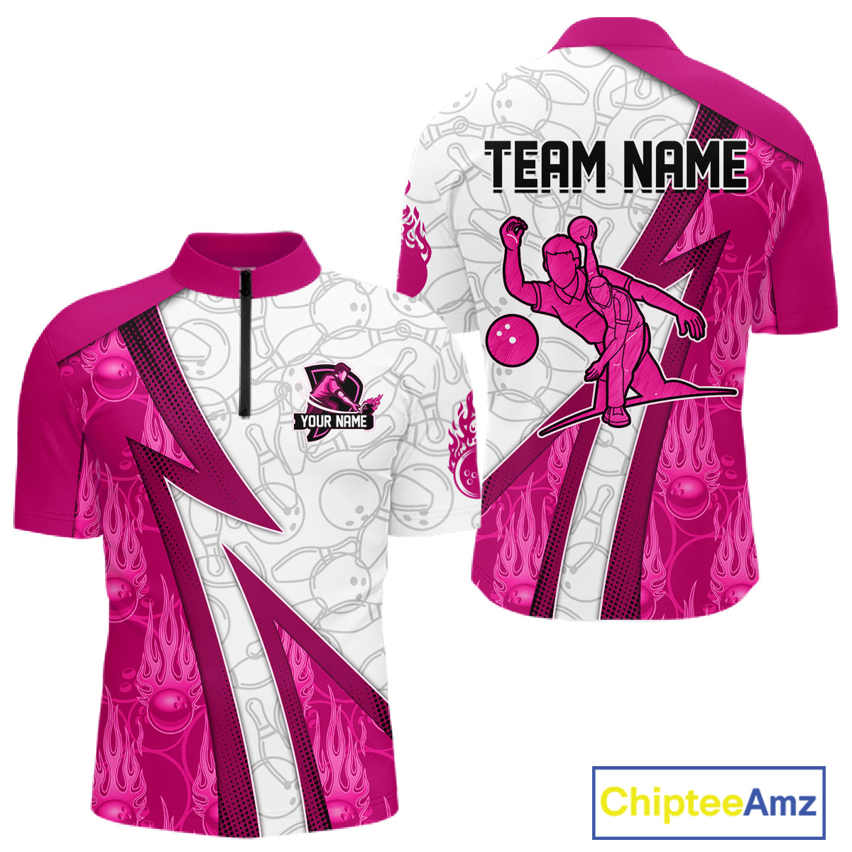 Custom Bowling Polo, Quarter Zip Shirt For Men Pink flame camo Bowling shirts, Bowling Team jerseys NQS11585