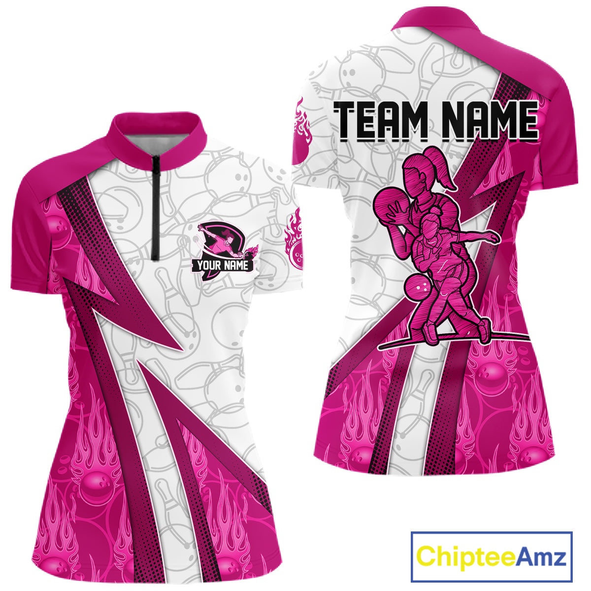 Custom Bowling Polo, Quarter Zip Shirt For Women Pink flame camo Bowling shirts, Bowling Team jerseys NQS11585