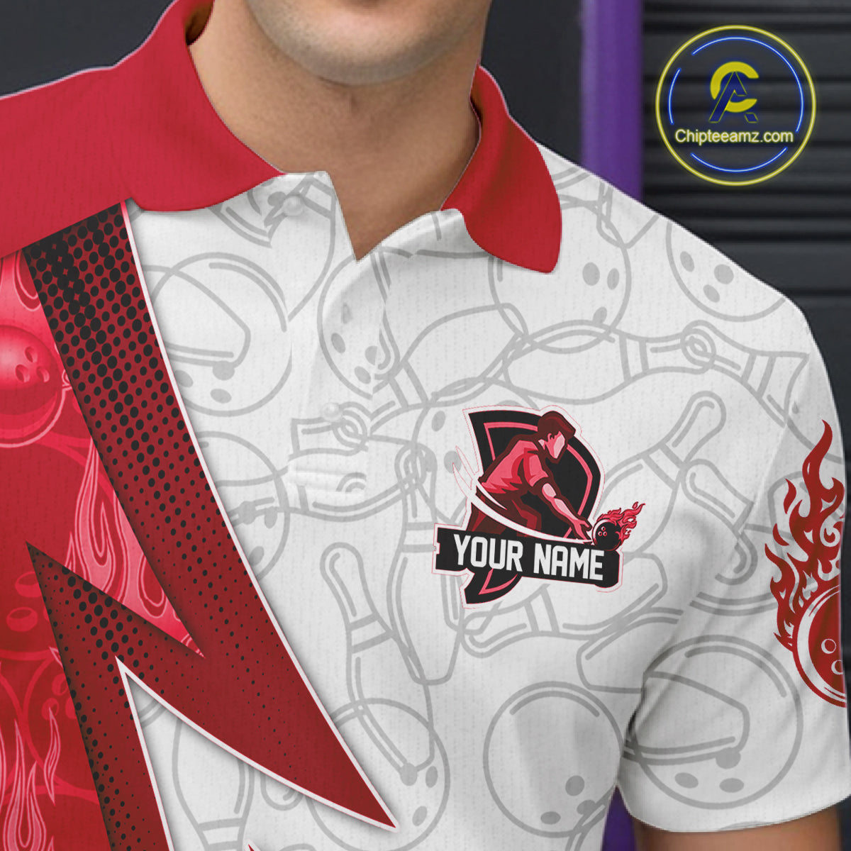 Custom Bowling Polo, Quarter Zip Shirt For Men Red flame camo Bowling shirts, Bowling Team jerseys NQS11586