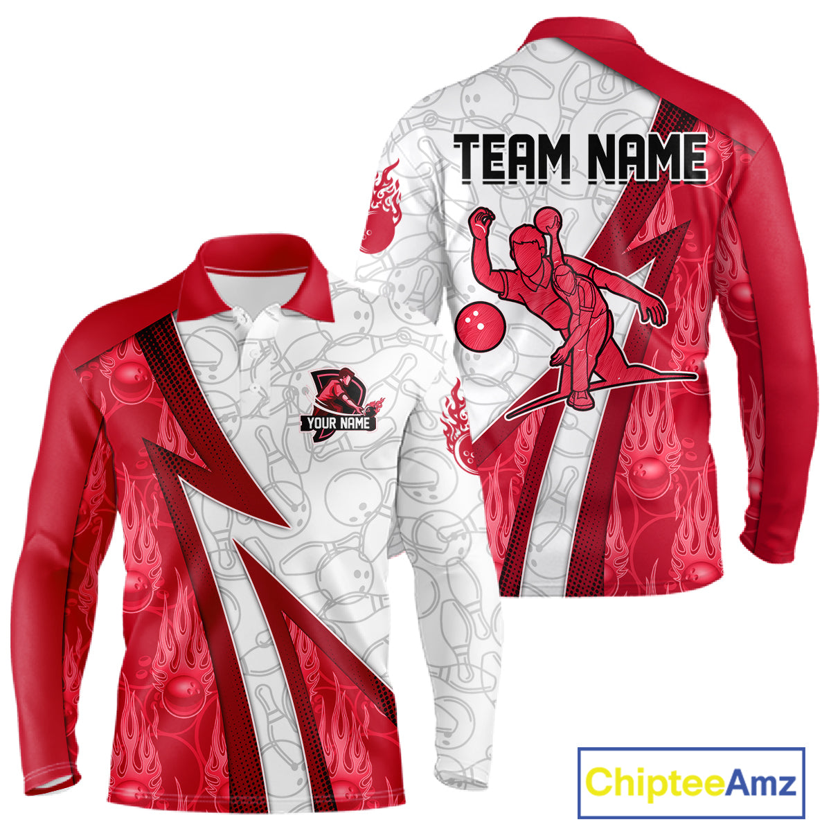 Custom Bowling Polo, Quarter Zip Shirt For Men Red flame camo Bowling shirts, Bowling Team jerseys NQS11586