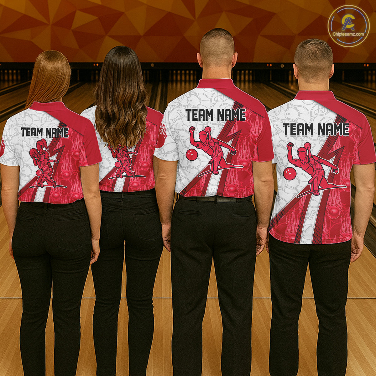 Custom Bowling Polo, Quarter Zip Shirt For Women Red flame camo Bowling shirts, Bowling Team jerseys NQS11586