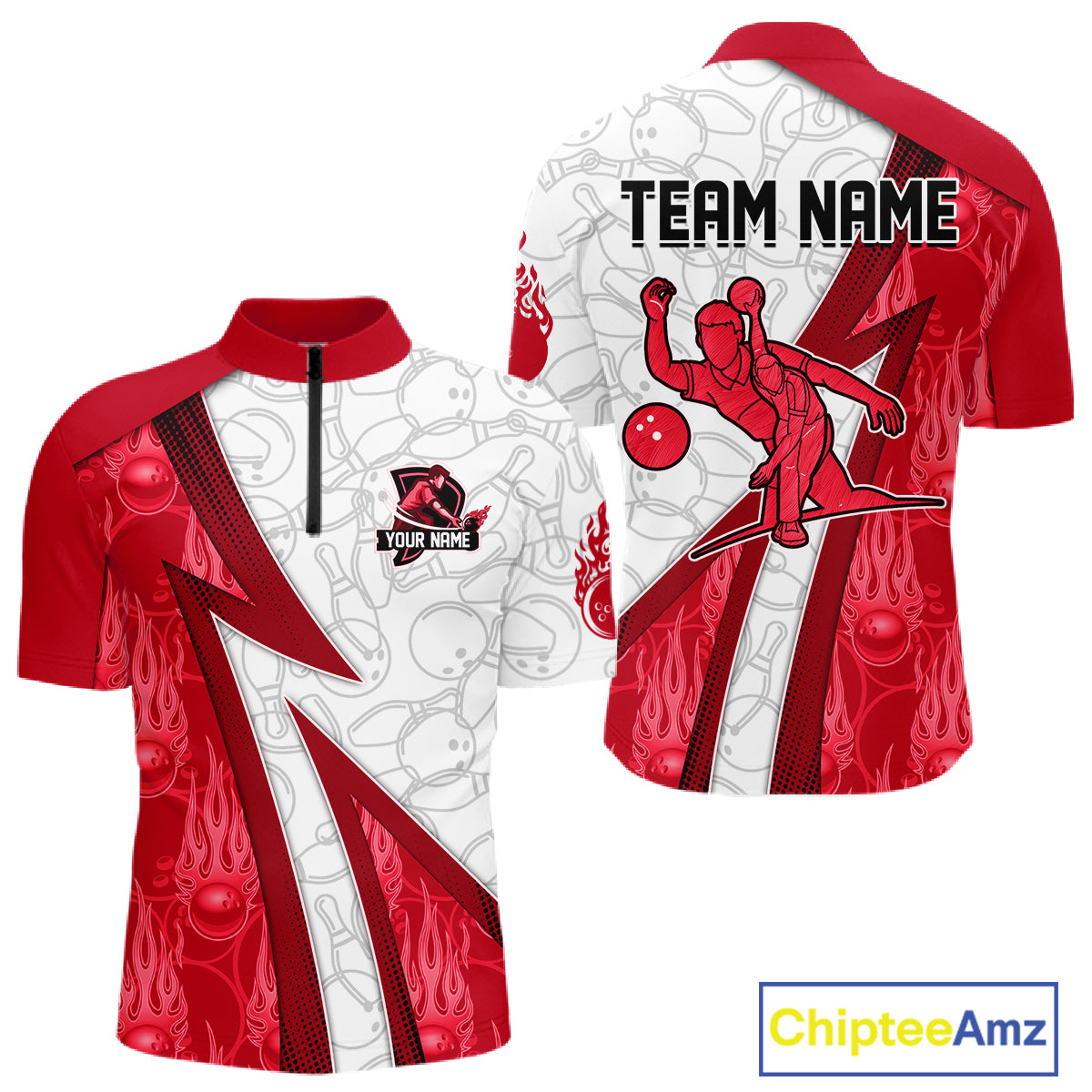 Custom Bowling Polo, Quarter Zip Shirt For Men Red flame camo Bowling shirts, Bowling Team jerseys NQS11586