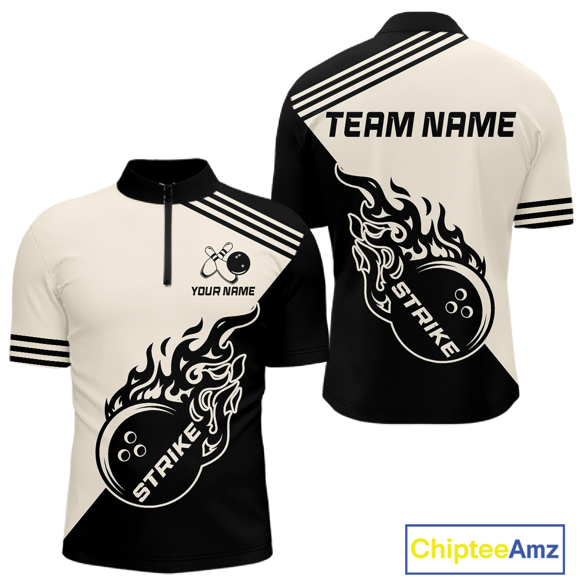 Custom Retro Beige and Black Flame Bowling Shirts For Men, Vintage Team Bowling League jerseys NQS11590