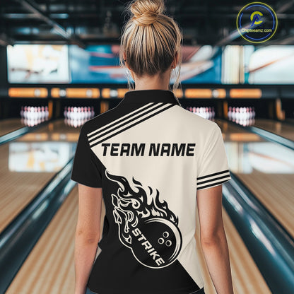 Custom Retro Beige and Black Flame Bowling Shirts For Women, Vintage Team Bowling League jerseys NQS11590