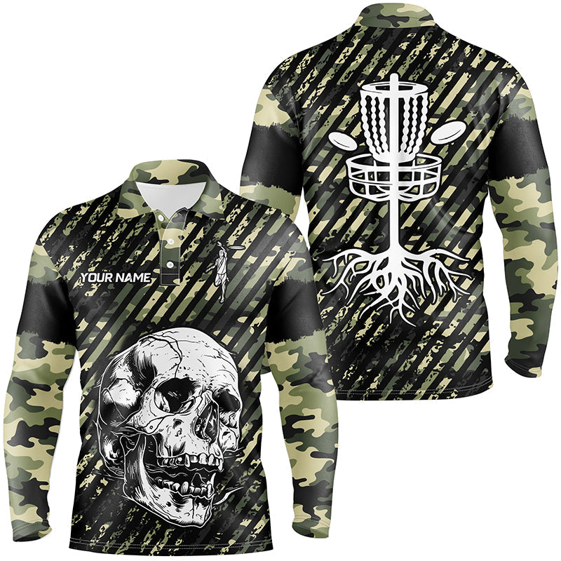 Green camo Mens disc golf polo shirts custom skull team disc golf basket jerseys, disc golf outfit NQS7410