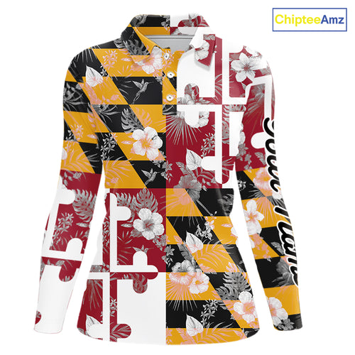 Maryland Flag tropical flower pattern Women Golf polo shirts Custom ladies patriotic golf shirts NQS10064
