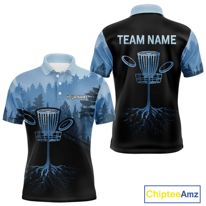 Black and Blue forest camo Mens Disc golf polo shirts Custom team disc golf wear, disc golf outfit NQS10065