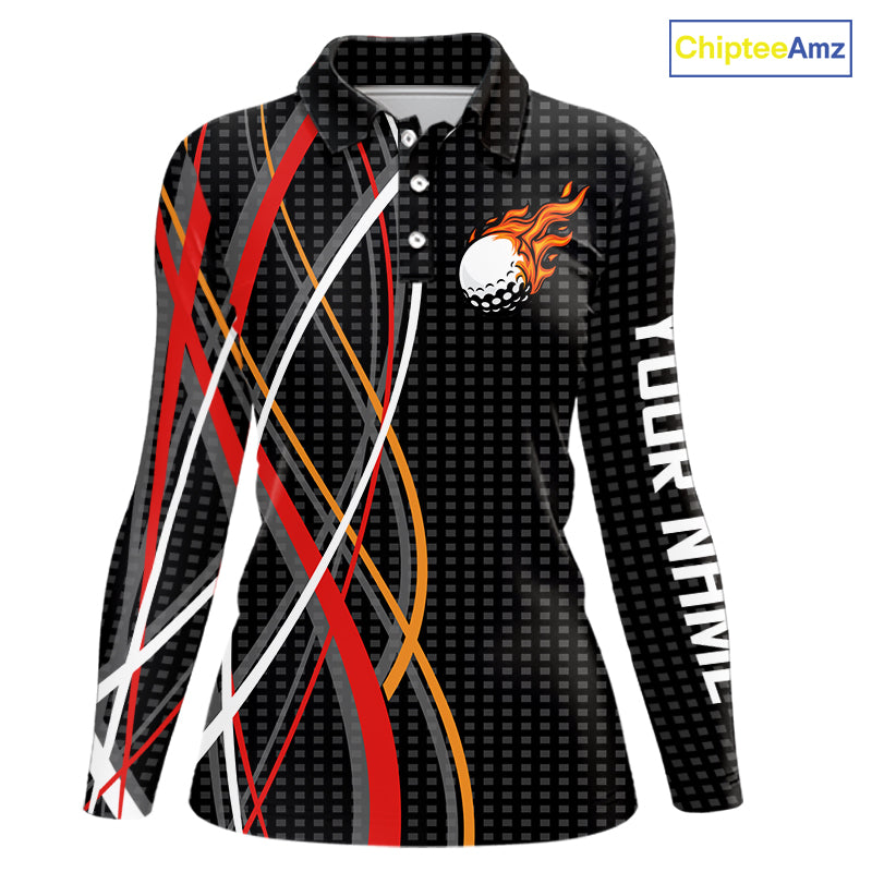 Women Golf polo shirts flame golf ball sport Custom golf outfit for ladies, unique golf gifts | Black NQS10066