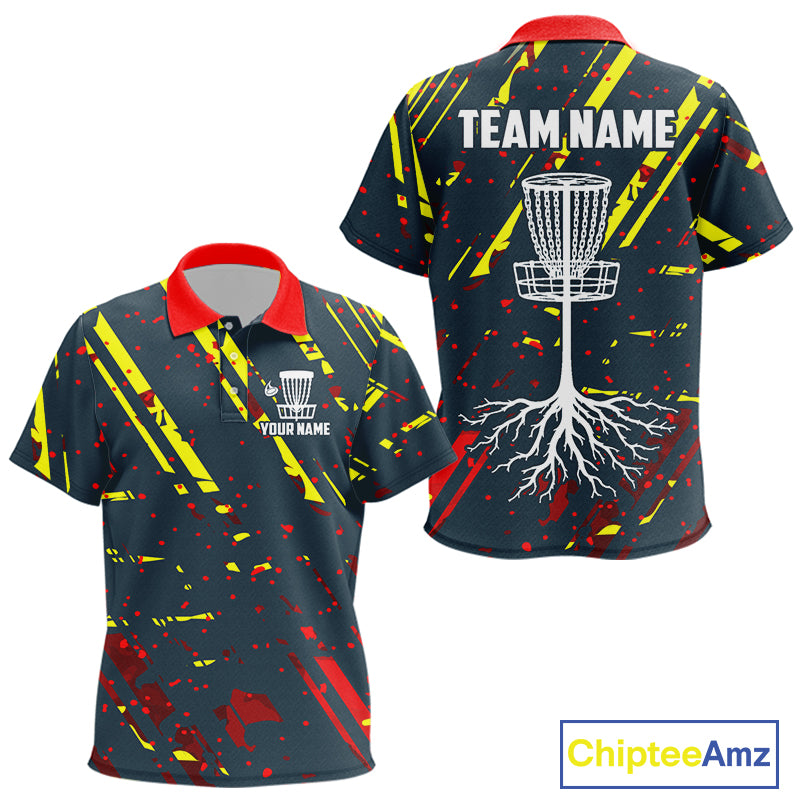 Blue, yellow and red background Kid Disc golf polo shirts Custom name disc golf clothing for team NQS10067