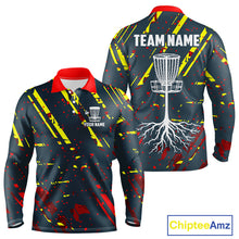 Load image into Gallery viewer, Blue, yellow and red background Mens Disc golf polo shirts Custom name disc golf clothing for team NQS10067
