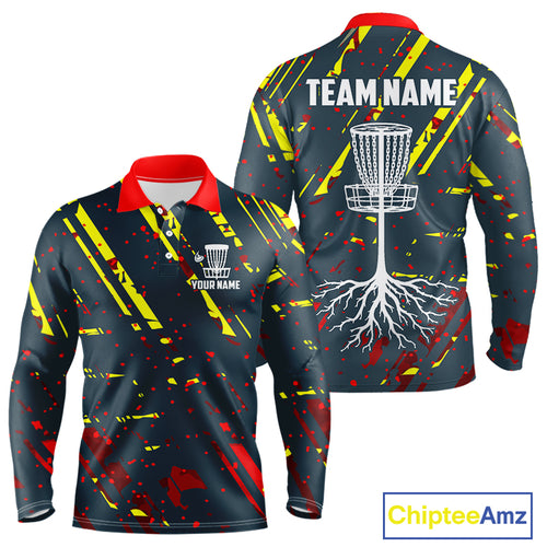 Blue, yellow and red background Mens Disc golf polo shirts Custom name disc golf clothing for team NQS10067