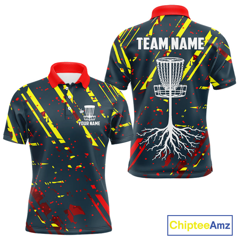 Blue, yellow and red background Mens Disc golf polo shirts Custom name disc golf clothing for team NQS10067