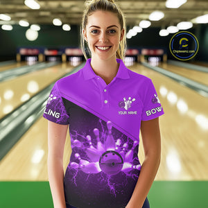 Women bowling polo, 1/4 zip shirts Custom purple lightning thunder Bowling Team Jersey Bowlers Gift NQS10591