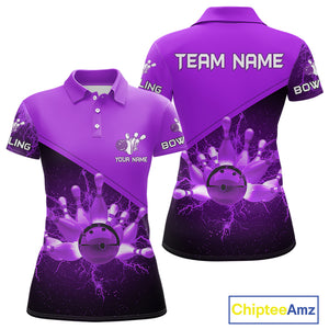 Women bowling polo, 1/4 zip shirts Custom purple lightning thunder Bowling Team Jersey Bowlers Gift NQS10591