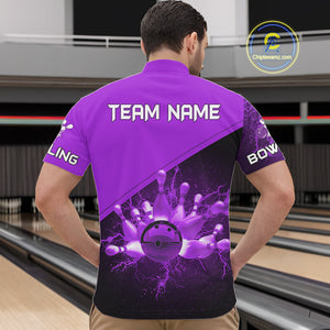 Men bowling polo, quarter zip shirts Custom purple lightning thunder Bowling Team Jersey Bowlers Gift NQS10591