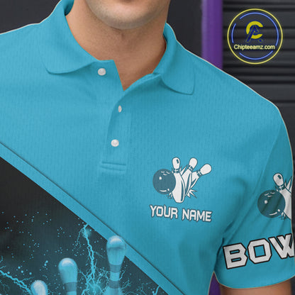 Men bowling polo, 1/4 zip shirts Custom light blue lightning thunder Bowling Team Jersey Bowlers Gift NQS10592
