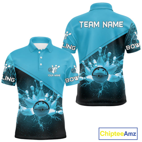 Men bowling polo, 1/4 zip shirts Custom light blue lightning thunder Bowling Team Jersey Bowlers Gift NQS10592