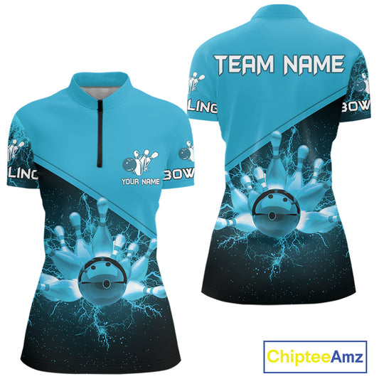 Women bowling polo, 1/4 zip shirt Custom light blue lightning thunder Bowling Team Jersey Bowler Gift NQS10592