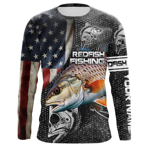 Redfish red drum fishing fish skeleton American flag Custom sun protection long sleeve fishing shirts NQS4053