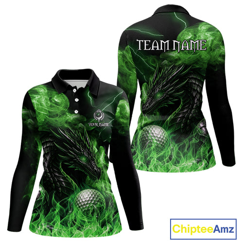 Green Flame Dragon Women Golf polo shirts Custom Dragon team ladies golf outfits, gift for golf lover NQS10791