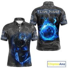 Load image into Gallery viewer, Grey Smoke Blue Flame Skull Bowling Polo, Quarter Zip Shirts For Men Custom Team Bowling Jerseys NQS11182