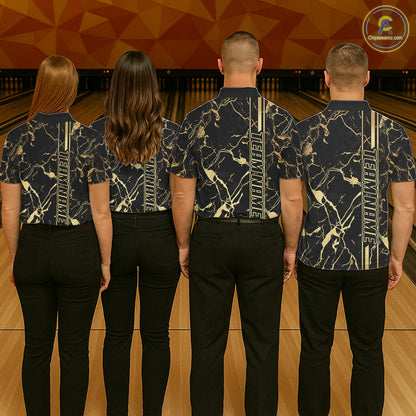 Black and Gold Camo Flame Bowling Polo, Quarter Zip Shirts For Men Custom Team Bowling Jerseys NQS11183