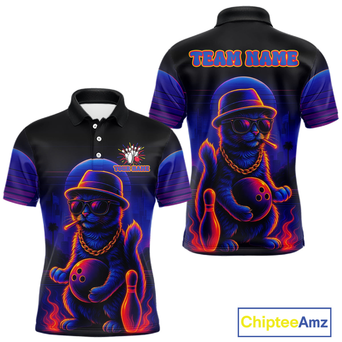 Custom Funny Cat Neon Bowling Jerseys for Men Bowling Uniform Polo & 1/4 Zip Bowling Team Shirts NQS11185