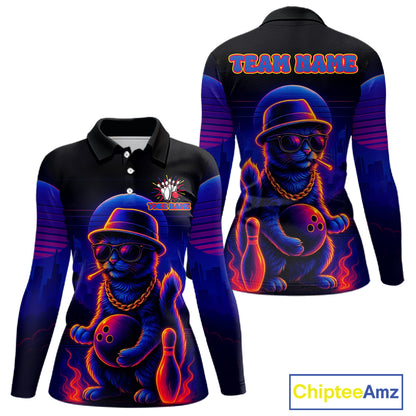 Custom Funny Cat Neon Bowling Jerseys for Women Bowling Uniform Polo & 1/4 Zip Bowling Team Shirts NQS11185