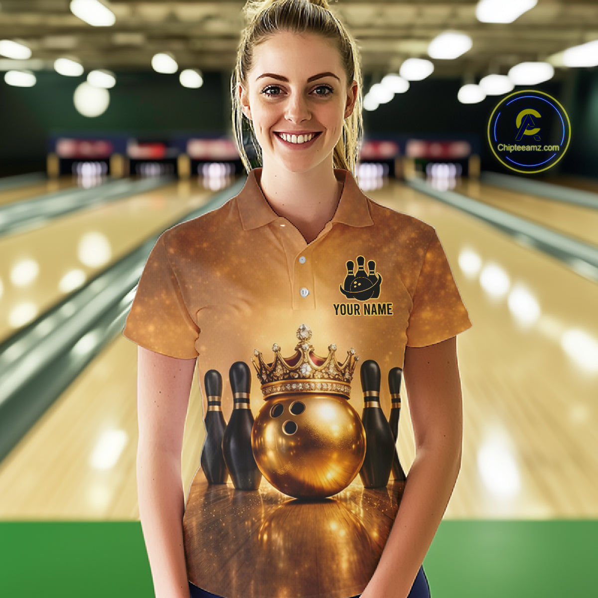 Black and Gold crown Bowling ball pins Bowling Shirts for Women Custom Bowling Team league jerseys NQS11593
