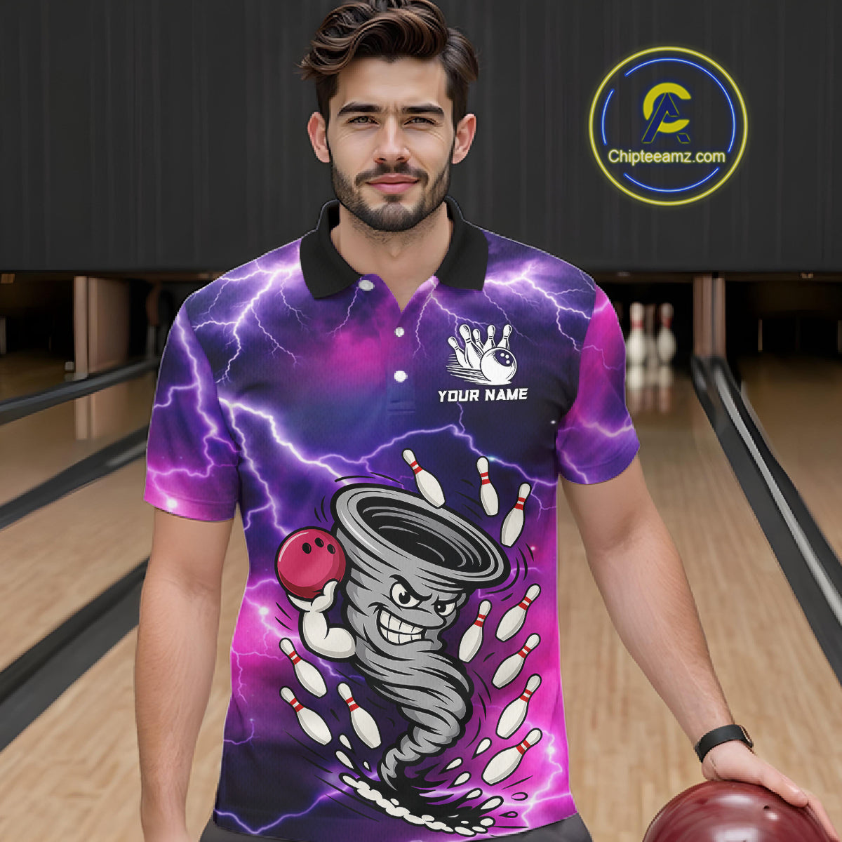 Custom Purple Bowling Jersey Lightning Thunder Funny tornado Bowling Shirts for Men, bowling uniforms NQS11594