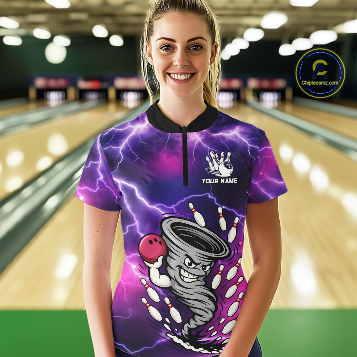 Custom Purple Bowling Jersey Lightning Thunder Funny tornado Womens Bowling Shirts, bowling uniforms NQS11594