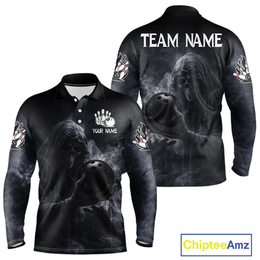 Custom Smoke Skull reaper Bowling Polo, 1/4 Zip Shirts for Men, Team bowling outfit Jerseys NQS11596